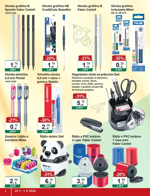 KTC katalog — stranica 2: Milan Olovka grafitna trokutasta Milan HB, B, 2B ili H, Deli Organizator stolni sa priborom Deli, Šiljilo s PVC kutijom Panda, Deli Šiljilo stolno Deli (vrijedi 29. 07. 2026.–01. 09. 2026.)