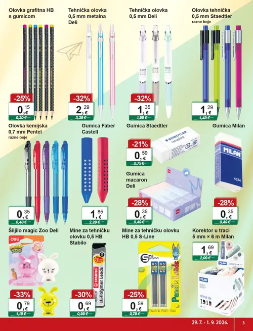 KTC katalog — stranica 3: Deli Šiljilo magic Zoo Deli, Deli Tehnička olovka 0,5 mm metalna, Deli Tehnička olovka 0,5 mm, Deli Gumica (vrijedi 29. 07. 2026.–01. 09. 2026.)