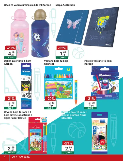 KTC katalog — stranica 4: Connect Voštane boje 12 boja, Faber Castell Drvene boje 12 kom + 3 boje drvene obostrane + šiljilo, Karbon Pastele voštane 12 kom, Noris Staedtler Drvene boje 12 kom + olovka grafitna (vrijedi 29. 07. 2026.–01. 09. 2026.)