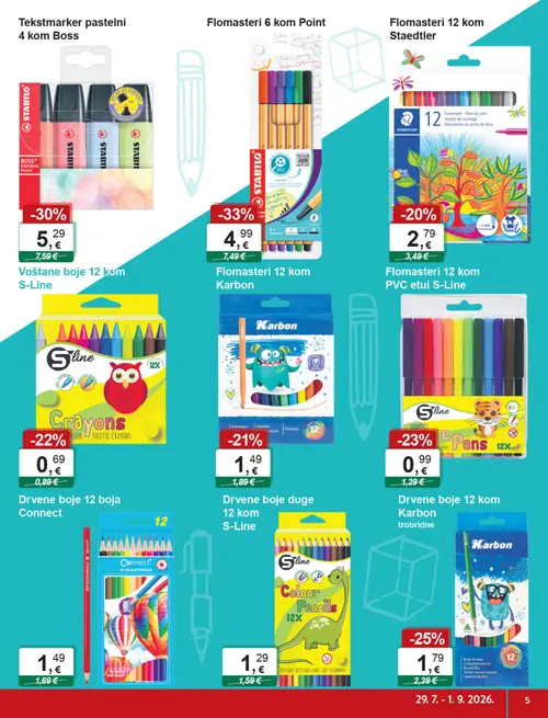 KTC katalog — stranica 5: STABILO Flomasteri 6 kom Point, STABILO Tekstmarker pastelni 4 kom Boss, Karbon Drvene boje 12 kom Karbon trobridne, S-Line Flomasteri 12 kom PVC etui S-Line (vrijedi 29. 07. 2026.–01. 09. 2026.)