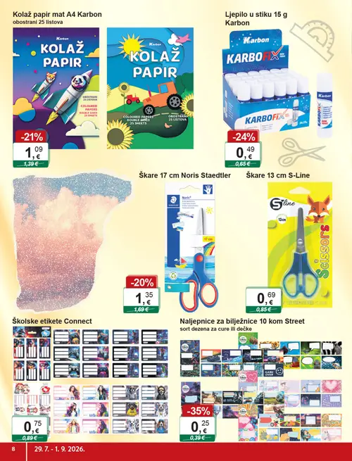 KTC katalog — stranica 8: Naljepnice za bilježnice 10 kom Street sort dezena za cure ili dečke, Karbon Ljepilo u stiku 15 g Karbon, Karbon Kolaž papir mat A4 Karbon obostrani 25 listova, Staedtler Škare 17 cm Noris Staedtler (vrijedi 29. 07. 2026.–01. 09. 2026.)