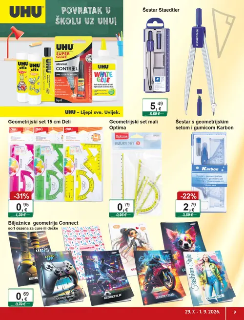 KTC katalog — stranica 9: Deli Geometrijski set 15 cm Deli, Karbon Šestar s geometrijskim setom i gumicom Karbon, Staedtler Šestar Staedtler, Optima Geometrijski set mali Optima (vrijedi 29. 07. 2026.–01. 09. 2026.)