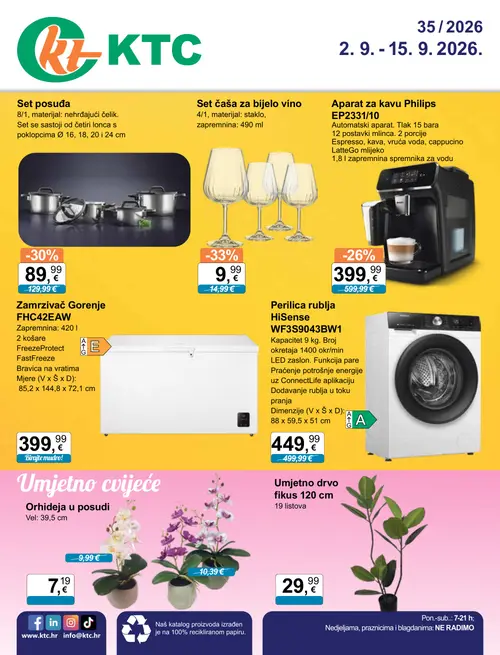 KTC katalog — stranica 1: Set čaša za bijelo vino, Philips Aparat za kavu Philips EP2331/10, Set posuđa, HiSense Perilica rublja HiSense WF3S9043BW1 (vrijedi 02. 09. 2026.–15. 09. 2026.)
