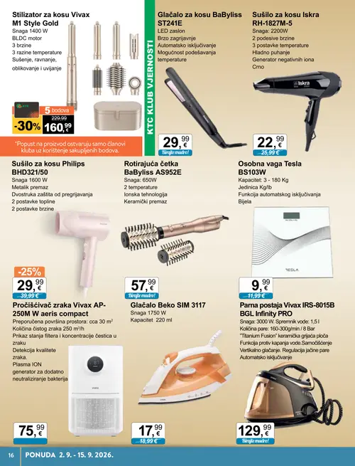 KTC katalog — stranica 10: Stililzator za kosu Vivax M1 Style Gold, Philips Sušilo za kosu Philips BHD321/50, Tesla Osobna vaga Tesla BS103W, Iskra Sušilo za kosu Iskra RH-1827M-5 (vrijedi 02. 09. 2026.–15. 09. 2026.)