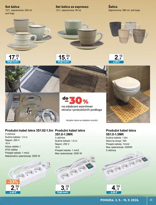 KTC katalog — stranica 15: Iskra Produžni kabel Iskra 3S1.02-1.5m, Iskra Produžni kabel Iskra 5S1.0-1.5MK, Šalica, Set šalica (vrijedi 02. 09. 2026.–15. 09. 2026.)