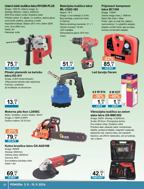 KTC katalog — stranica 16: Osram LED žarulja Osram, Osram LED žarulja Osram, Iskra Prijenosni kompresor Iskra BC1100, Ikon Motorna pila Ikon LD858C (vrijedi 02. 09. 2026.–15. 09. 2026.)