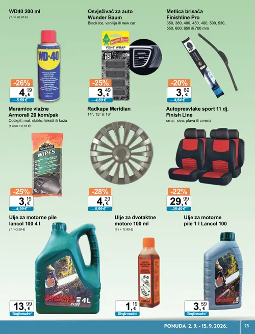 KTC katalog — stranica 17: Radkapa Meridian, WD40 200 ml, Wunder Baum Osvježivač za auto Wunder Baum, Armorall Maramice vlažne Armorall 20 kom/pak (vrijedi 02. 09. 2026.–15. 09. 2026.)