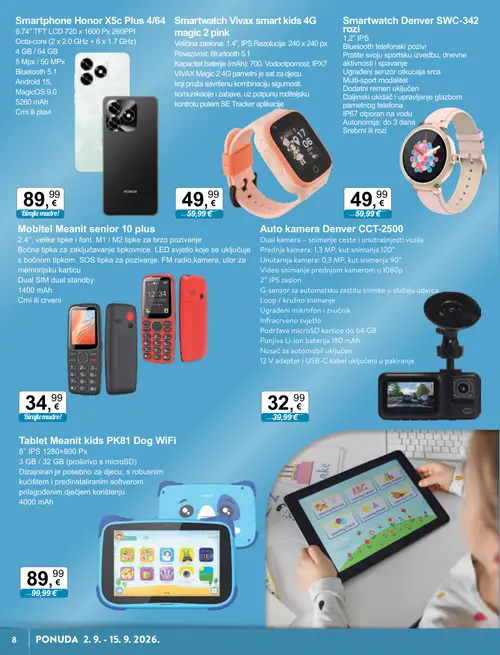 KTC katalog — stranica 2: Denver Auto kamera Denver CCT-2500, Vivax Smartwatch Vivax smart kids 4G magic 2 pink, Meanit Tablet Meanit kids PK81 Dog WiFi, Meanit Mobitel Meanit senior 10 plus (vrijedi 02. 09. 2026.–15. 09. 2026.)