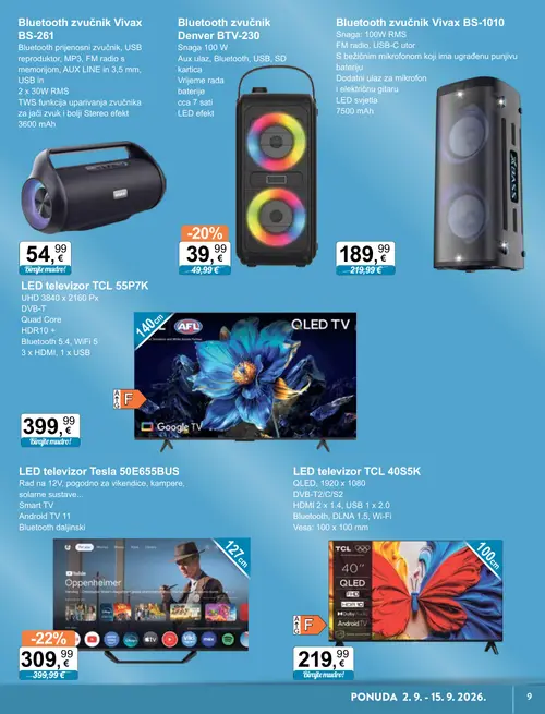 KTC katalog — stranica 3: Tesla LED televizor Tesla 50E655BUS, Denver Bluetooth zvučnik Denver BTV-230, Vivax Bluetooth zvučnik Vivax BS-1010, TCL LED televizor TCL 40S5K (vrijedi 02. 09. 2026.–15. 09. 2026.)