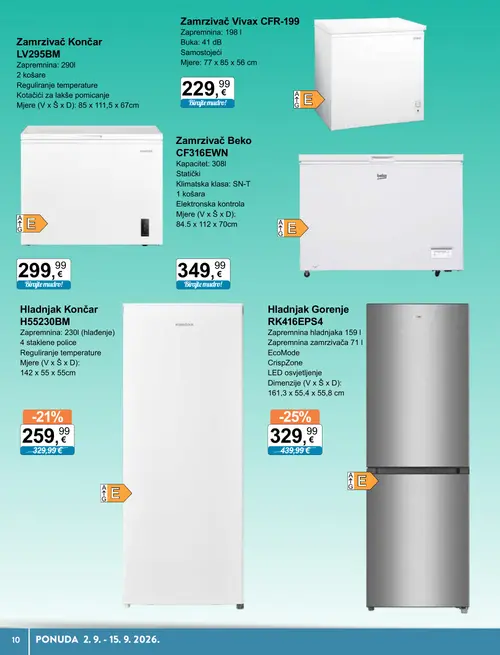 KTC katalog — stranica 4: Gorenje Hladnjak Gorenje RK416EPS4, Končar Hladnjak Končar H55230BM, Beko Zamrzivač Beko CF316EWN, Vivax Zamrzivač Vivax CFR-199 (vrijedi 02. 09. 2026.–15. 09. 2026.)