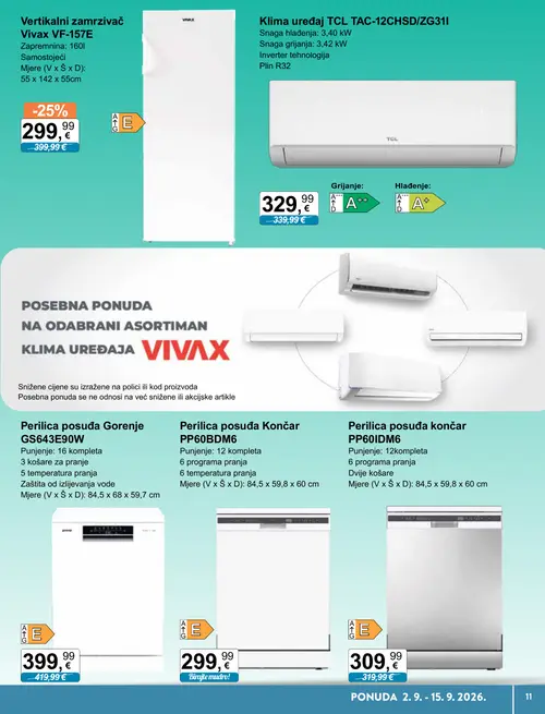 KTC katalog — stranica 5: Vivax Vertikalni zamrzivač Vivax VF-157E, Končar Perilica posuđa Končar PP60IDM6, TCL Klima uređaj TCL TAC-12CHSD/ZG31I, Končar Perilica posuđa Končar PP60BDM6 (vrijedi 02. 09. 2026.–15. 09. 2026.)