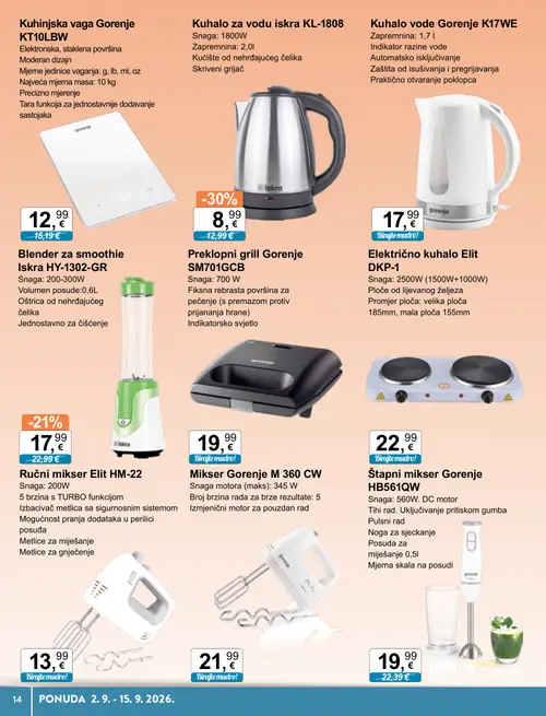 KTC katalog — stranica 8: Iskra Kuhalo za vodu Iskra KL-1808, Iskra Blender za smoothie Iskra HY-1302-GR, Gorenje Kuhinjska vaga Gorenje KT10LBW, Gorenje Štapni mikser Gorenje HB561QW (vrijedi 02. 09. 2026.–15. 09. 2026.)