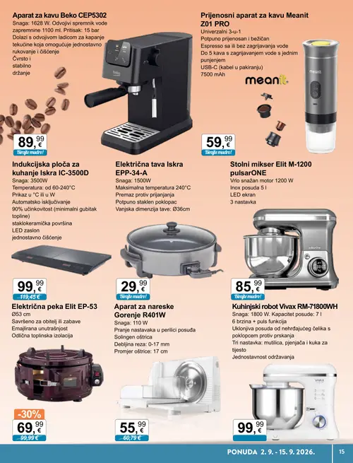 KTC katalog — stranica 9: Elit Električna peka Elit EP-53, Gorenje Aparat za narezke Gorenje R401W, Elit Stolni mikser Elit M-1200 pulsarONE, Iskra Električna tava Iskra EPP-34-A (vrijedi 02. 09. 2026.–15. 09. 2026.)