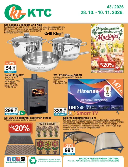 KTC katalog — stranica 1: Grill King Set posuđa 5 kom/set Grill King, Solarna nadstrešnica 1,2 m, Kamin Prity K12, HiSense TV LED HiSense 58A6Q (vrijedi 28.10.–10.11.2026.)