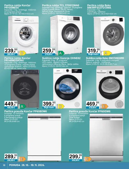 KTC katalog — stranica 10: Končar Perilica rublja Končar PR105ME04, Končar Perilica rublja Končar PR148MDSKINV, TCL Perilica rublja TCL FF0812WA0, Končar Perilica posuđa Končar PP60BDM6 (vrijedi 28.10.–10.11.2026.)