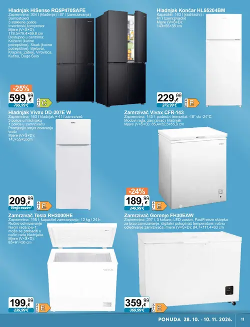 KTC katalog — stranica 11: Hladnjak Hisense RQ5P470SAFE, Zamrzivač Vivax CFR-143, Hladnjak Končar HL55204BM, Zamrzivač Tesla RH2000HE (vrijedi 28.10.–10.11.2026.)