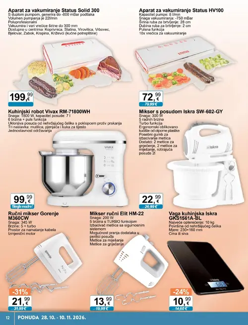 KTC katalog — stranica 12: Gorenje Ručni mikser Gorenje M360CW, Iskra Vaga kuhinjska Iskra GKS1561A-BL, Iskra Mikser s posudom Iskra SW-602-GY, Elit Mikser ručni Elit HM-22 (vrijedi 28.10.–10.11.2026.)