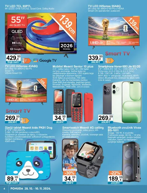 KTC katalog — stranica 4: Smartwatch Meanit 4G calling, Bluetooth zvučnik Vivax BS-1011, Smartphone Honor 600 Lite 5G DS, TV LED Hisense 55A6Q (vrijedi 28.10.–10.11.2026.)