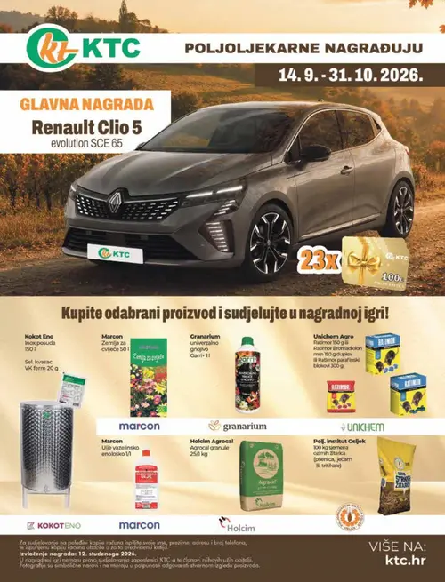 KTC katalog — stranica 5: Granarium Univerzalno gnojivo Garri+11, Polj. Institut Osijek 100 kg sjemena ozimih žitarica (pšenica, ječam ili tritikale), Unichem Agro Ratimor Bromadiolon 150 g ili Ratimor Bromadiolon 150 g duplex ili Ratimor parafinski blokovi 300 g, Holcim Agrocal Agrocal granule (vrijedi 28.10.–10.11.2026.)