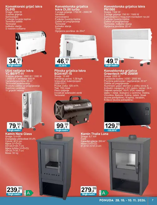 KTC katalog — stranica 7: Iskra Konvektorska grijalica Iskra DL08 turbo, Greentech Konvektorska grijalica Greentech HPB-2000W, Kamin Thalia Luna, Iskra Konvektorski grijač Iskra DL01S (vrijedi 28.10.–10.11.2026.)