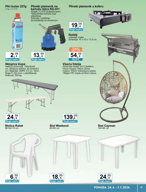 KTC katalog — stranica 15: Roštilj, Stol Weekend, Stol Cayman, Plin butan 227g (vrijedi 24. 06. 2026.–07. 07. 2026.)