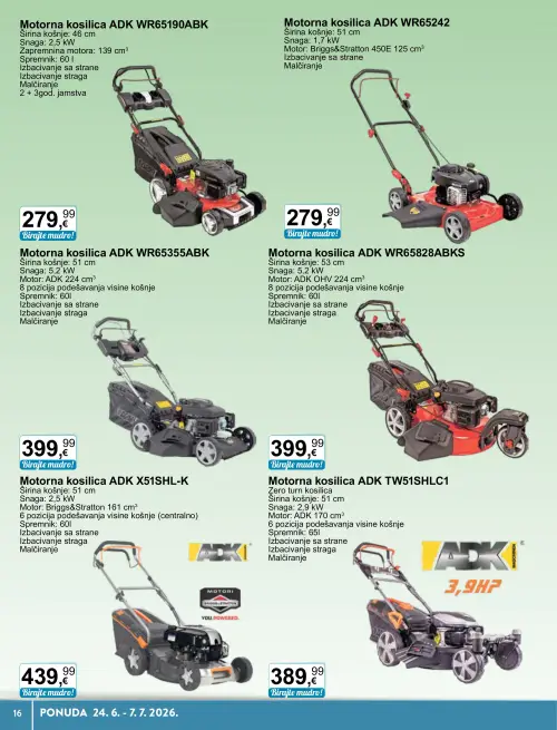 KTC katalog — stranica 16: ADK Motorna kosilica ADK WR65190ABK, ADK Motorna kosilica ADK WR65242, ADK Motorna kosilica ADK WR65355ABK, ADK Motorna kosilica ADK WR65828ABKS (vrijedi 24. 06. 2026.–07. 07. 2026.)