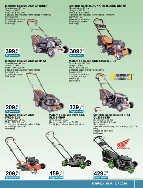 KTC katalog — stranica 17: ADK Motorna kosilica ADK X46SHLF, ADK Motorna kosilica ADK GTM4606BS-BS450, ADK Motorna kosilica ADK X42P-A1, ADK Motorna kosilica ADK X46SHLE-B1 (vrijedi 24. 06. 2026.–07. 07. 2026.)