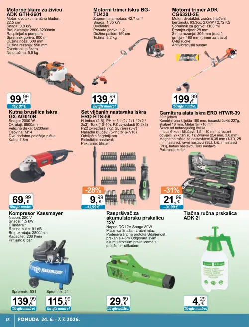 KTC katalog — stranica 18: Komplet alata, Raspršivač za akumulatorsku prskalicu 12V, Iskra Kutna brusilica Iskra GX-AG010B, Iskra Set vijčanih nastavaka Iskra ERO HTS-58 (vrijedi 24. 06. 2026.–07. 07. 2026.)
