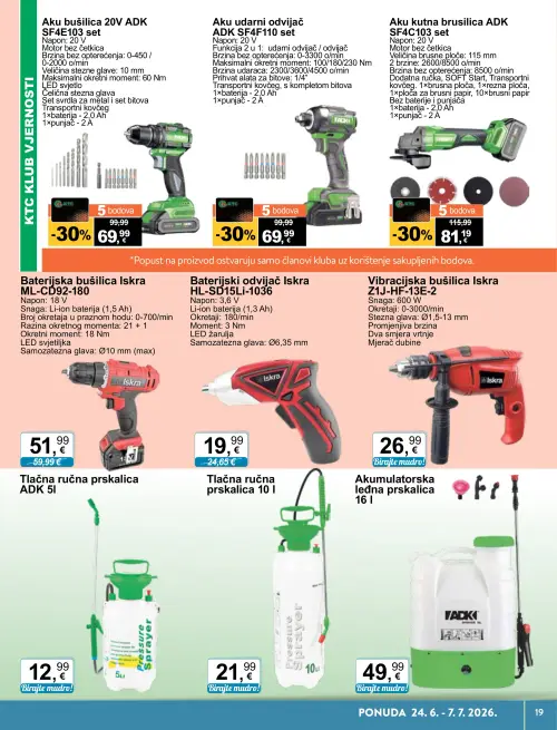 KTC katalog — stranica 19: ADK Aku kutna brusilica ADK SF4C103 set, ADK Aku udarni odvijač ADK SF4F110 set, ADK Aku bušilica 20V ADK SF4E103 set, Iskra Baterijski odvijač Iskra HL-SD15Li-1036 (vrijedi 24. 06. 2026.–07. 07. 2026.)