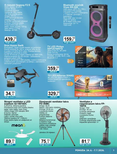 KTC katalog — stranica 3: Hisense TV LED Hisense 55A6G, Philips TV LED Philips 55PUS7000/12, meanit. Stropni ventilator s LED svjetlom 42-14014DC, Iskra Ventilator s raspršivačem Iskra FP-1601S (vrijedi 24. 06. 2026.–07. 07. 2026.)