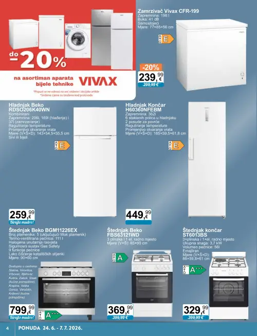 KTC katalog — stranica 4: Vivax Zamrzivač Vivax CFR-199, Končar Štednjak končar ST6013BS, Beko Štednjak Beko FBS63121WD, Beko Hladnjak Beko RDSO206K40WN (vrijedi 24. 06. 2026.–07. 07. 2026.)