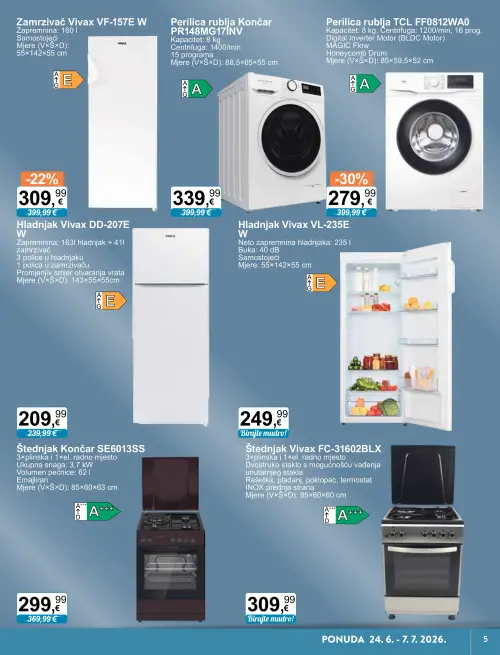 KTC katalog — stranica 5: TCL Perilica rublja TCL FF0812WA0, Vivax Zamrzivač Vivax VF-157E W, Vivax Štednjak Vivax FC-31602BLX, Končar Perilica rublja Končar PR148MG17INV (vrijedi 24. 06. 2026.–07. 07. 2026.)