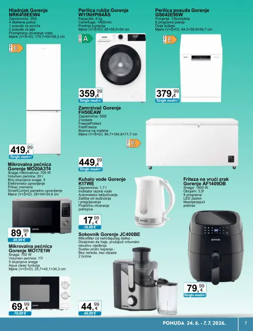 KTC katalog — stranica 7: Gorenje Mikrovalna pećnica Gorenje MO17E1W, Gorenje Sokovnik Gorenje JC400BE, Gorenje Kuhalo vode Gorenje K17WE, Gorenje Mikrovalna pećnica Gorenje MO20A3T4 (vrijedi 24. 06. 2026.–07. 07. 2026.)