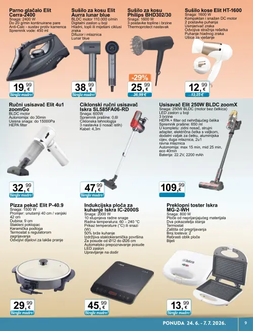 KTC katalog — stranica 9: Philips Sušilo za kosu Philips BHD302/30, Elit Sušilo kose Elit HT-1600, Elit Sušilo za kosu Elit Aurra Lunar blue, Elit Parno glačalo Elit Cerra-2400 (vrijedi 24. 06. 2026.–07. 07. 2026.)