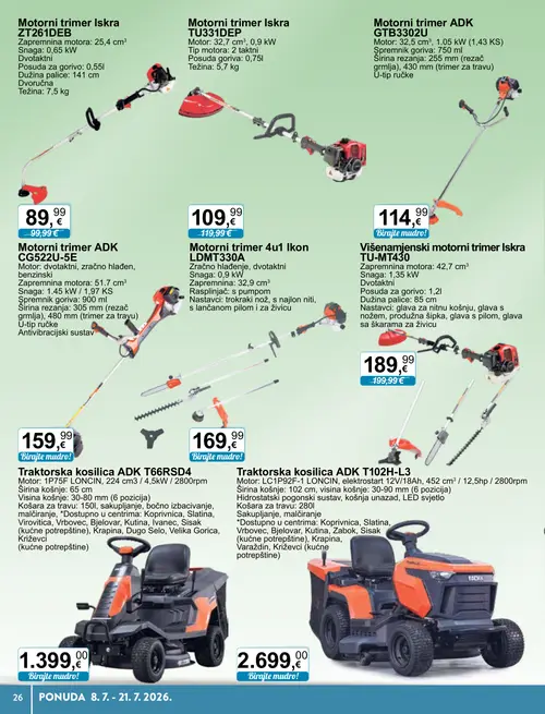 KTC katalog — stranica 16: Iskra Motorni trimer Iskra ZT261DEB, Motorni trimer 4u1 Ikon LDMT330A, Iskra Višenamjenski motorni trimer Iskra TU-MT430, ADK Motorni trimer ADK GTB3302U (vrijedi 08. 07. 2026.–21. 07. 2026.)