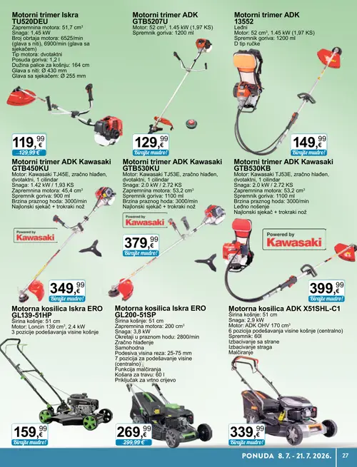 KTC katalog — stranica 17: Motorna kosilica Iskra ERO GL200-51SP, Motorni trimer Iskra TU520DEU, Motorni trimer ADK GTB5207U, Motorni trimer ADK 13552 (vrijedi 08. 07. 2026.–21. 07. 2026.)