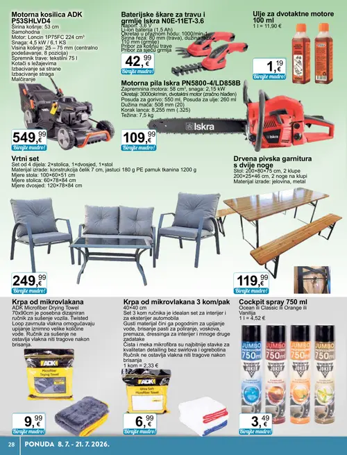 KTC katalog — stranica 18: Motorna kosilica ADK P53SHLVD4, Iskra Baterijske škare za travu i grmlje Iskra NOE-11ET-3.6, Ulje za dvotaktne motore 100 ml, Iskra Motorna pila Iskra PN5800-4/LD858B (vrijedi 08. 07. 2026.–21. 07. 2026.)
