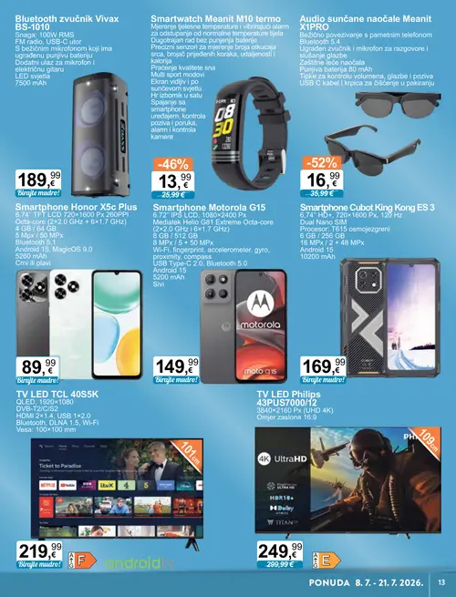 KTC katalog — stranica 3: Audio sunčane naočale Meanit X1PRO, Smartwatch Meanit M10 termo, Philips TV LED Philips 43PUS7000/12, Bluetooth zvučnik Vivax BS-1010 (vrijedi 08. 07. 2026.–21. 07. 2026.)