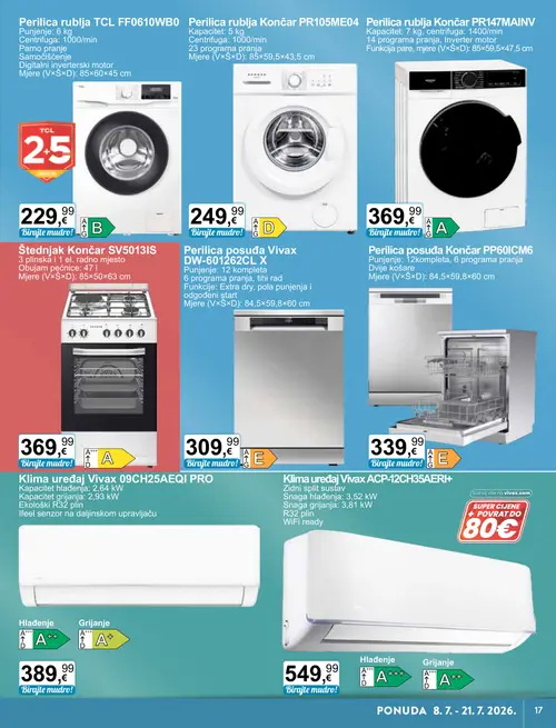 KTC katalog — stranica 7: TCL Perilica rublja TCL FF0610WB0, Končar Perilica rublja Končar PR105ME04, Končar Perilica rublja Končar PR147MAINV, Končar Štednjak Končar SV5013IS (vrijedi 08. 07. 2026.–21. 07. 2026.)