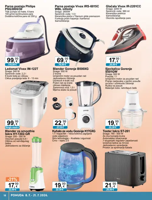 KTC katalog — stranica 8: Iskra Blender za smoothie Iskra HY-1302-GR, Philips Parna postaja Philips PSG3000/30, Iskra Toster Iskra ST-261, Gorenje Blender Gorenje B500XG (vrijedi 08. 07. 2026.–21. 07. 2026.)