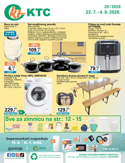 KTC katalog — stranica 1: Belis premium Set emajliranog posuđa, Boca za sok, Gorenje Friteza na vrući zrak, Vivax Perilica rublja (vrijedi 22. 07. 2026.–04. 08. 2026.)