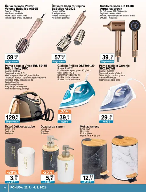 KTC katalog — stranica 10: Dozator za sapun, Philips Glačalo Philips DST3011/20, Držač četkice za zube, Koš za smeće (vrijedi 22. 07. 2026.–04. 08. 2026.)