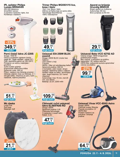 KTC katalog — stranica 11: Philips IPL epilator Philips Lumea BRI945/00, Beko Usisavač Beko VCO 42702 AD, Wc daska, Philips Trimer Philips MG5931/15 lice, kosa i tijelo (vrijedi 22. 07. 2026.–04. 08. 2026.)