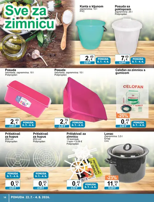 KTC katalog — stranica 14: Celofan za zimnicu s gumicom, Lonac, Posuda sa poklopcem, Pritiskivač za kupus (vrijedi 22. 07. 2026.–04. 08. 2026.)