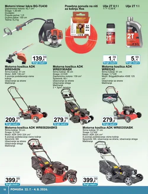 KTC katalog — stranica 18: Motorna kosilica ADK WR65492N, Ulje 2T 0,1 l, TOP OIL Ulje 2T 1 l, Briggs&Stratton Motorna kosilica ADK WR65242 (vrijedi 22. 07. 2026.–04. 08. 2026.)