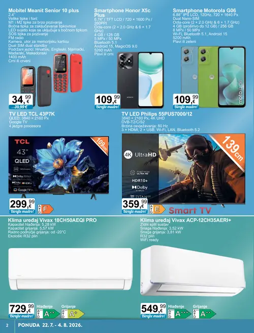KTC katalog — stranica 2: Mobitel Meanit Senior 10 plus, TCL TV LED TCL 43P7K, Honor Smartphone Honor X5c Plus, Philips TV LED Philips 55PUS7000/12 (vrijedi 22. 07. 2026.–04. 08. 2026.)