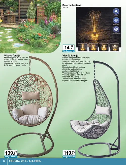KTC katalog — stranica 20: Solarna fontana, Viseća fotelja, Viseća fotelja (vrijedi 22. 07. 2026.–04. 08. 2026.)