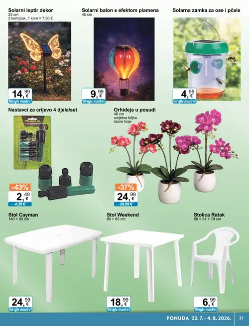 KTC katalog — stranica 21: Nastavci za crijevo 4 djela/set, Orhideja u posudi, Solarni leptir dekor, Solarni balon s efektom plamena (vrijedi 22. 07. 2026.–04. 08. 2026.)
