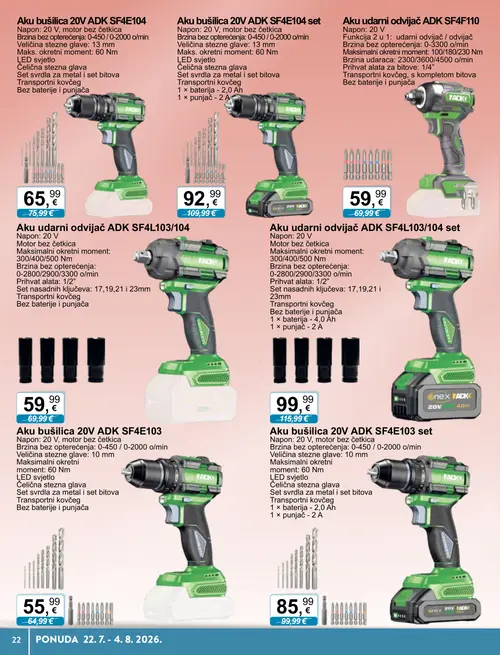 KTC katalog — stranica 22: Aku bušilica 20V ADK SF4E104 set, Aku udarni odvijač ADK SF4F110, Aku bušilica 20V ADK SF4E103 set, Aku udarni odvijač ADK SF4L103/104 set (vrijedi 22. 07. 2026.–04. 08. 2026.)