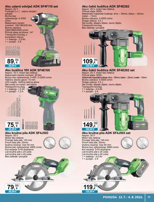 KTC katalog — stranica 23: ADK Aku čekić bušilica ADK SF4E202, ADK Aku kružna pila ADK SF4J503 set, ADK Aku kružna pila ADK SF4J503 set, ADK Aku bušilica 16V ADK SF4E106 (vrijedi 22. 07. 2026.–04. 08. 2026.)